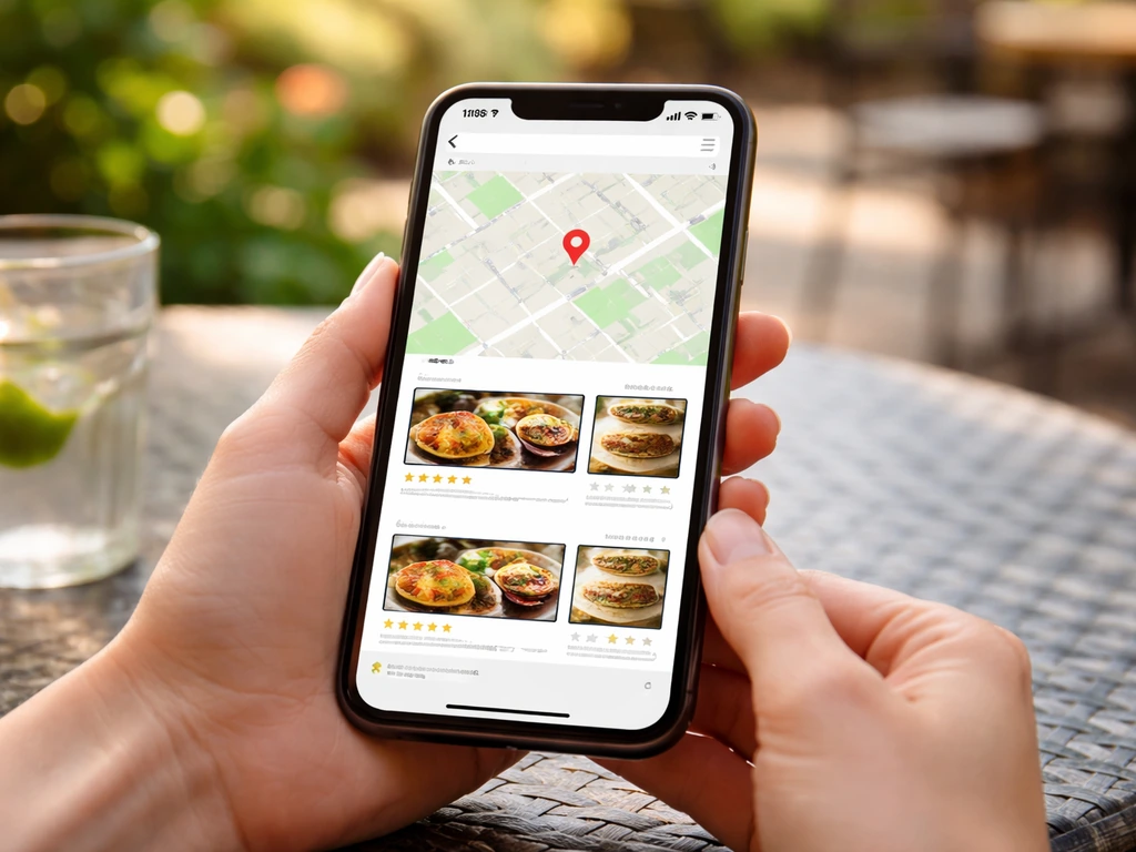 Hands holding a smartphone displaying a minimal map-style search UI for recent reviews