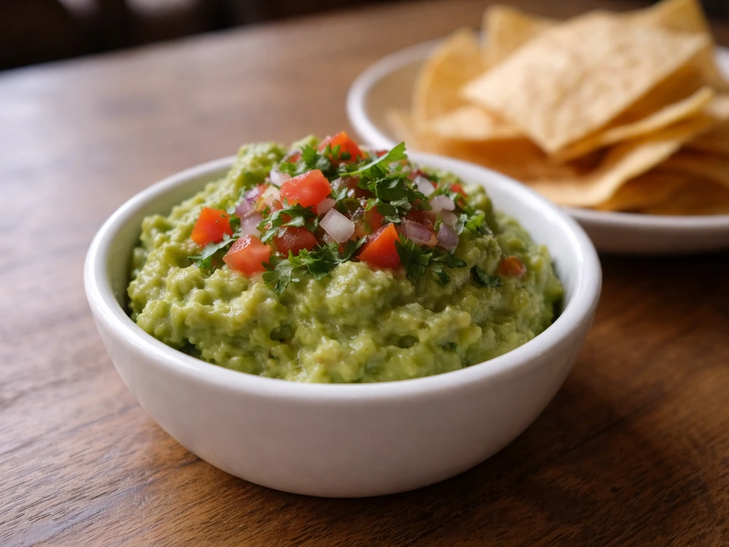 Close-up of fresh guacamole with diced toppings and tortilla chips on a wooden table.