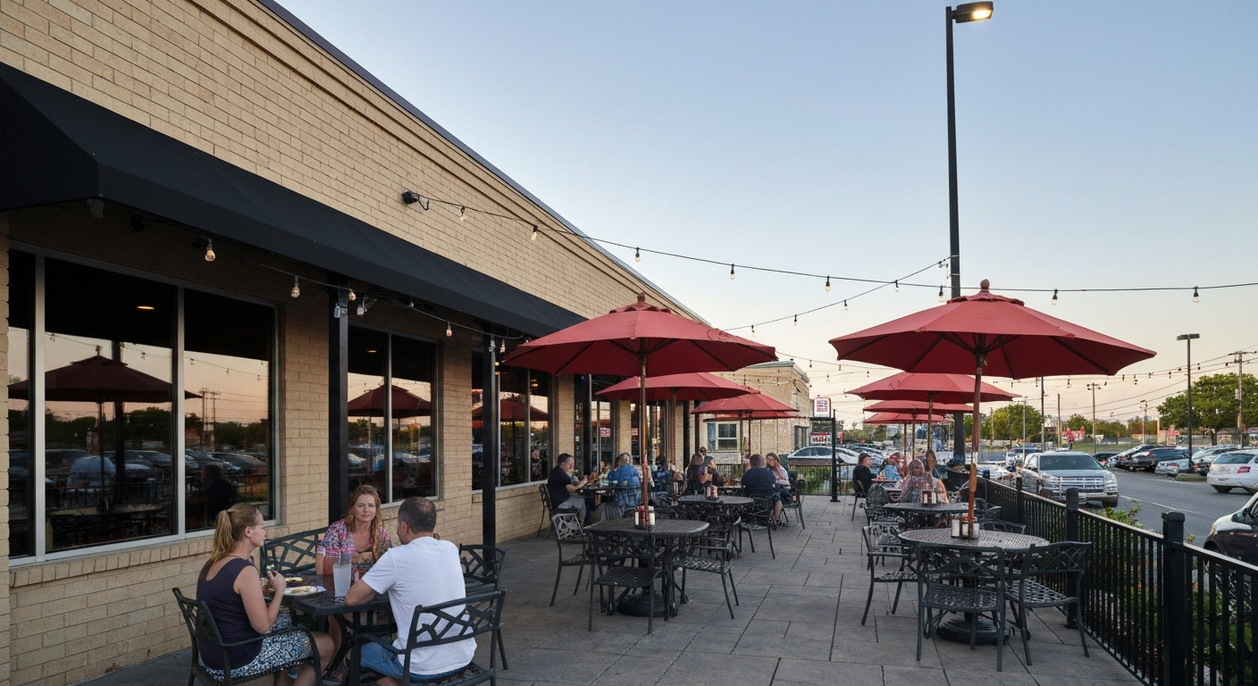 Outdoor patio seating at Los Patios Mooresville with umbrellas and diners on a sunny evening