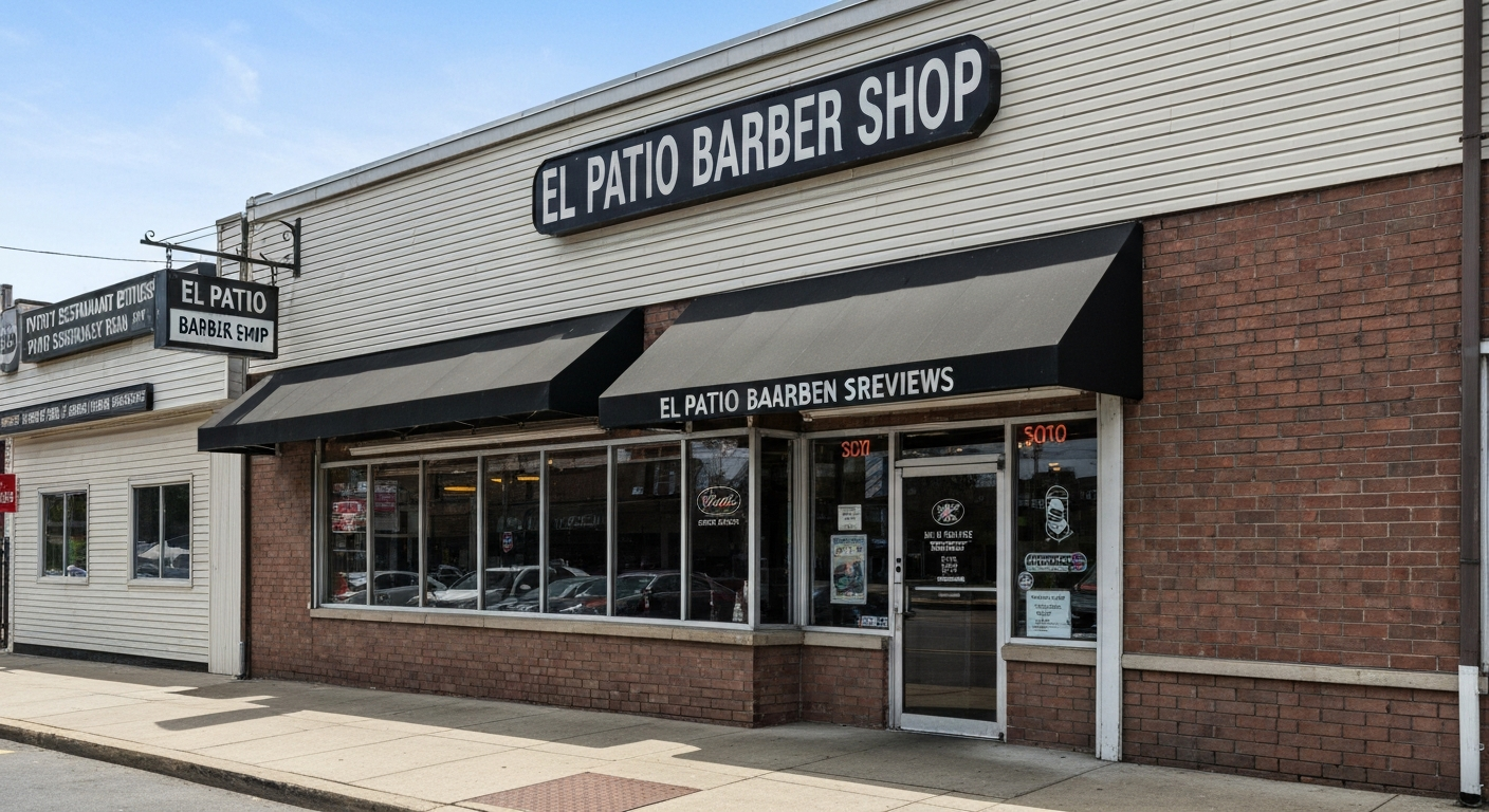 Exterior storefront of El Patio Barber Shop at 37 W Somerset St, Raritan, NJ, showing shop sign and entrance.