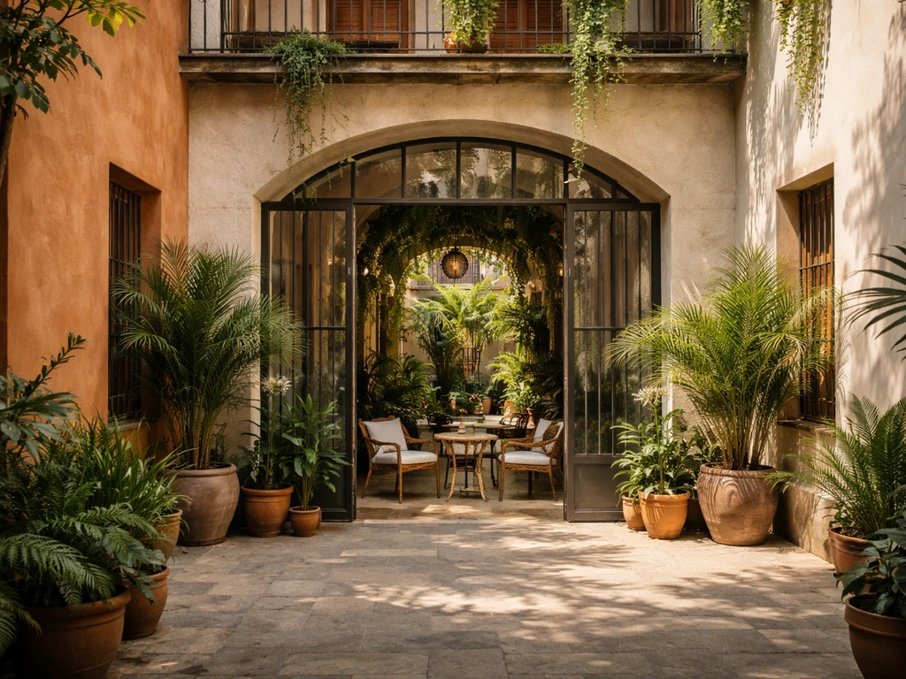 Sunlit courtyard exterior of a boutique eco-hotel with lush plants and inviting patio seating