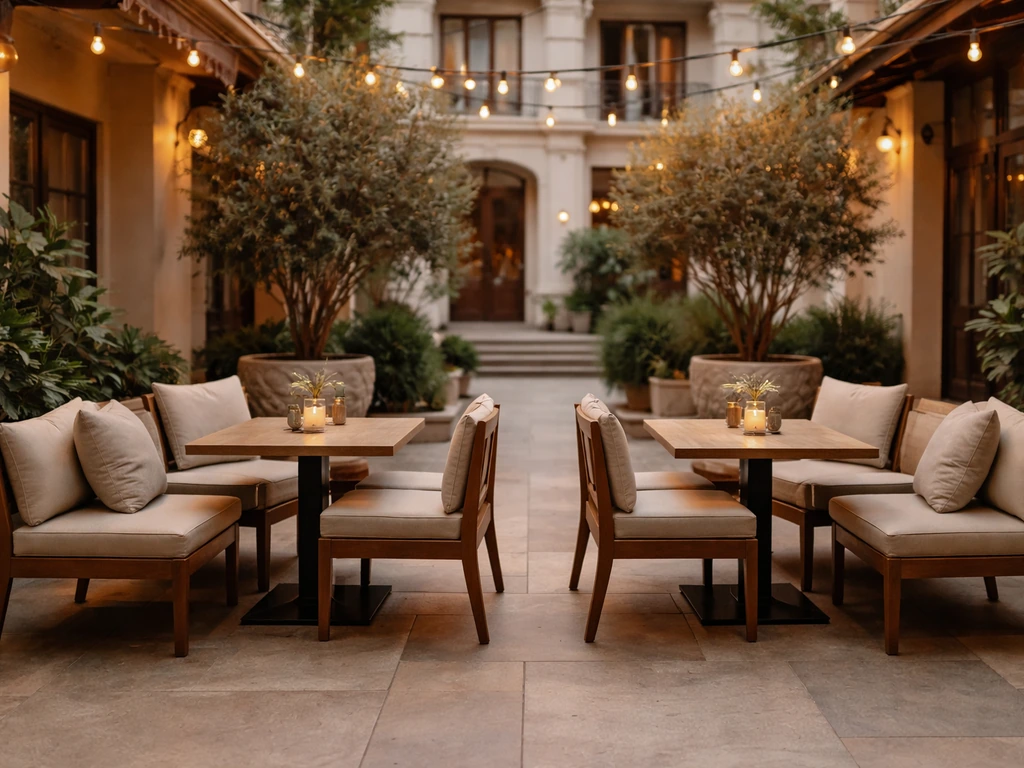 Central hotel patio with outdoor dining tables, chairs, and potted plants in warm natural light.