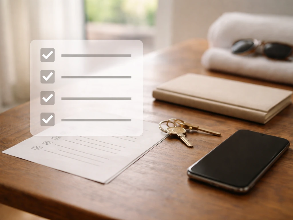 Neat travel table setup with checklist-style icons over a blank screen, suggesting avoiding common booking issues