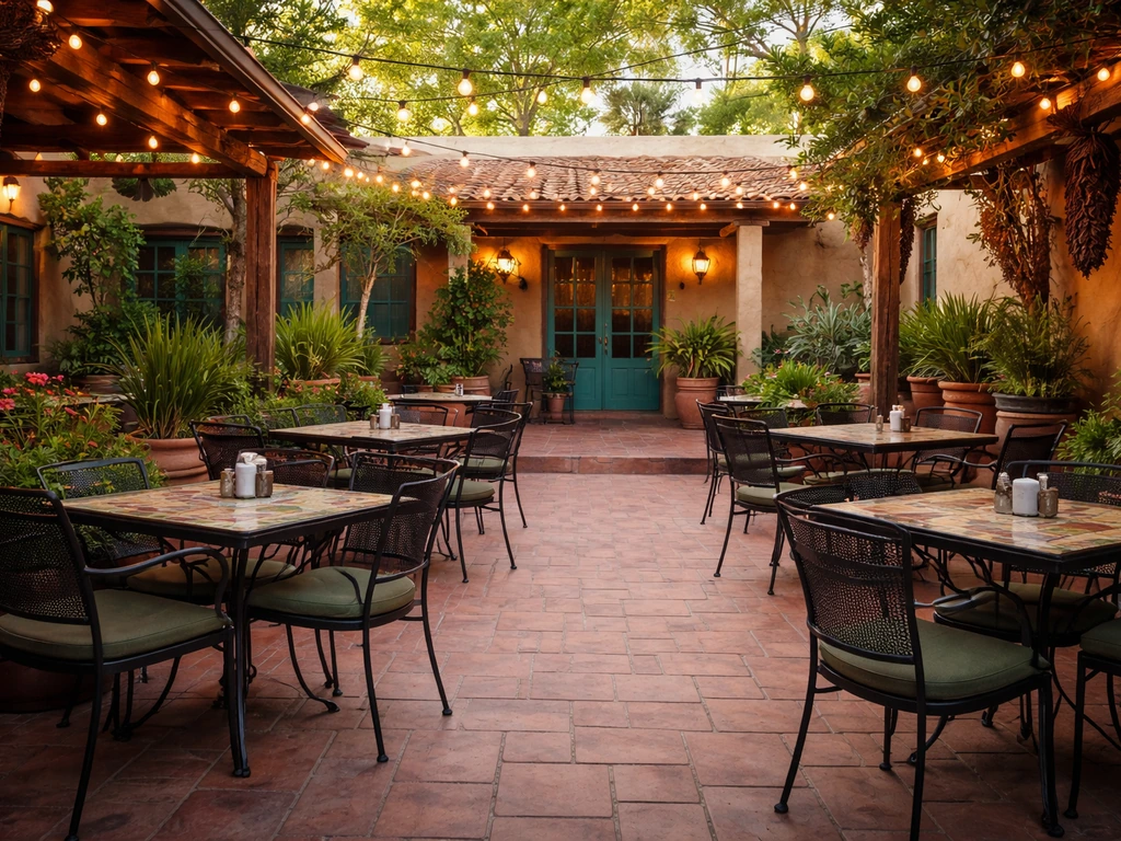 Wide exterior view of a cozy Southwestern-style restaurant patio with tables, lights, and greenery.