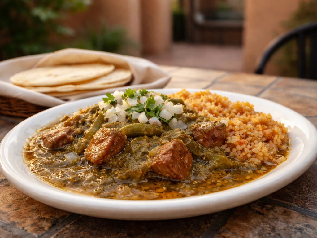 Plate of New Mexican food with green chile on an outdoor patio table in Albuquerque