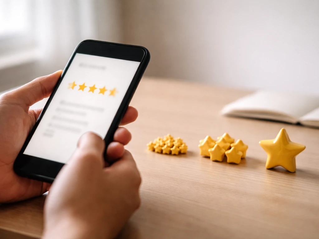 Hands holding a phone with blurred star ratings, with star figurines on a simple desk showing review volume.