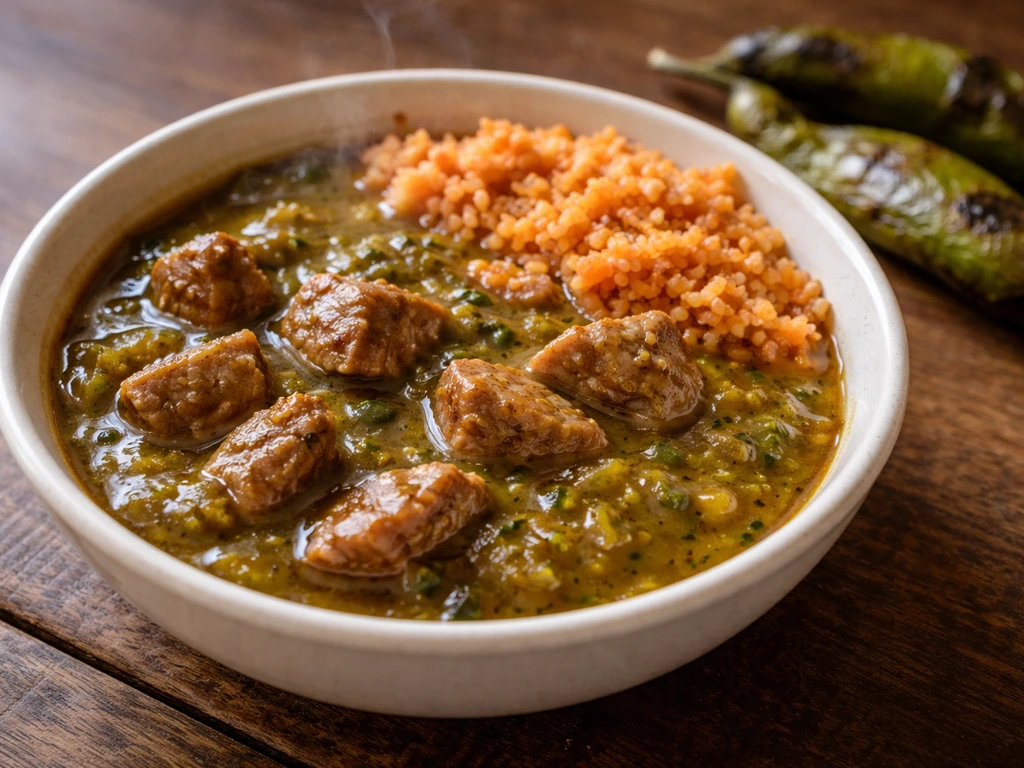Close-up of New Mexican food with glossy green chile and a few simple side dishes on a rustic table