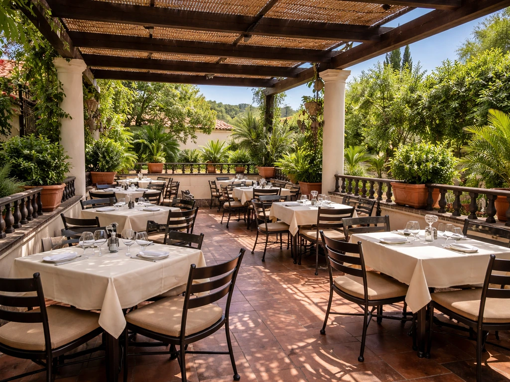 Daytime outdoor dining patio with empty tables, shaded pergola, and terracotta planters in natural light.