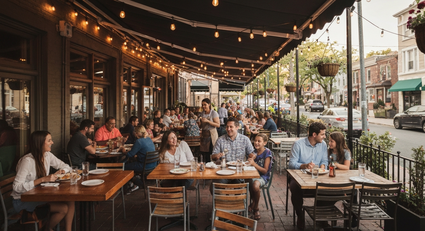Neighborhood Dominican restaurant patio at golden hour with string lights, communal tables, and diners sharing a meal.