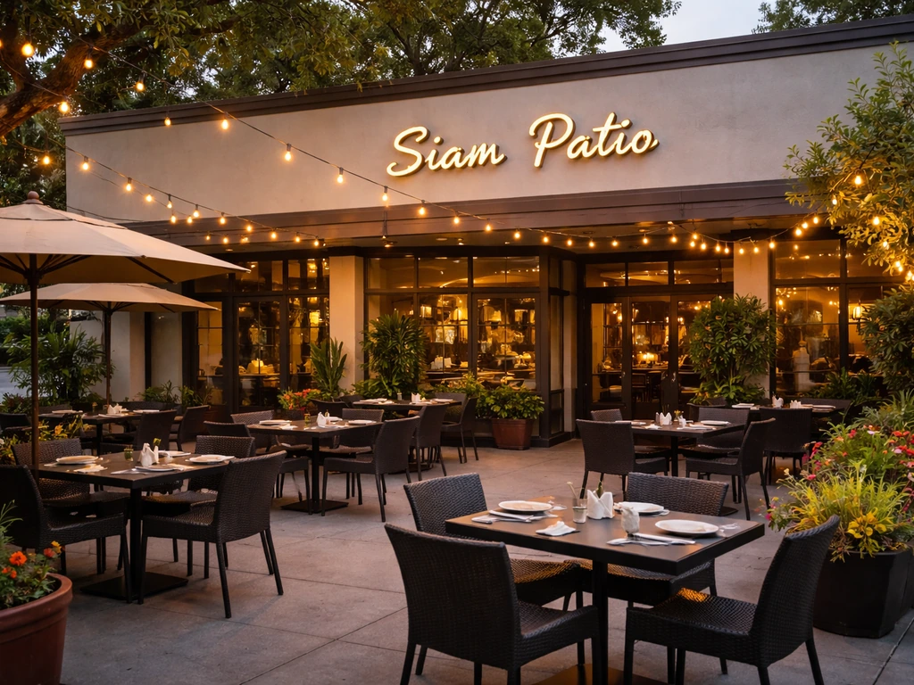 Inviting Thai restaurant patio exterior with tables under string lights in a quiet Fair Oaks street scene.