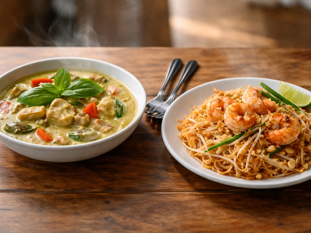 Two Thai dishes side by side—green curry and pad thai—on a simple wooden table.