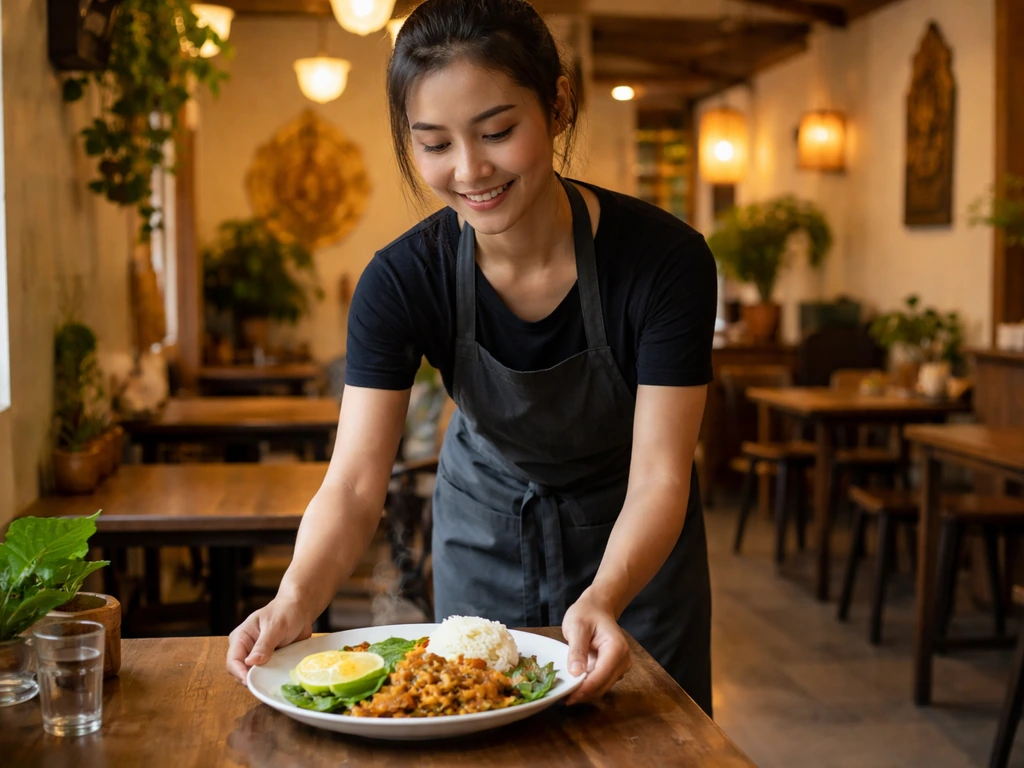 Warm Thai restaurant service moment as a friendly server delivers a plate to a table.