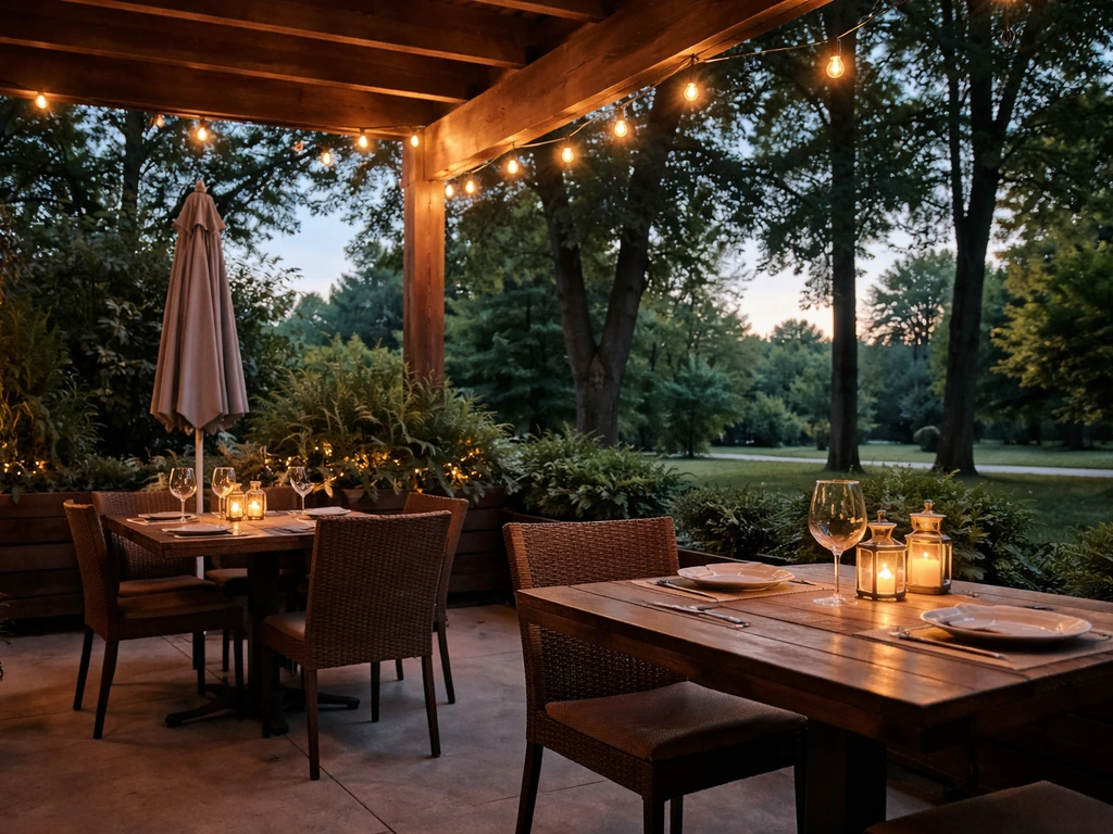 Warmly lit, covered outdoor dining patio with umbrellas, empty tables, and leafy trees at dusk.