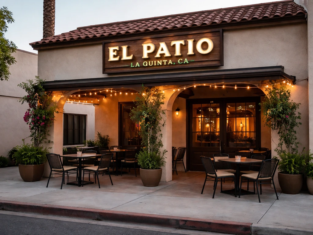 Quiet street view of the El Patio restaurant storefront with matching signage near La Quinta, California.