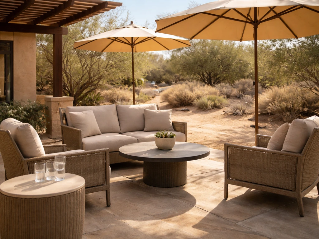 Sunlit patio with comfortable seating under umbrellas, showing shade and outdoor table spacing.