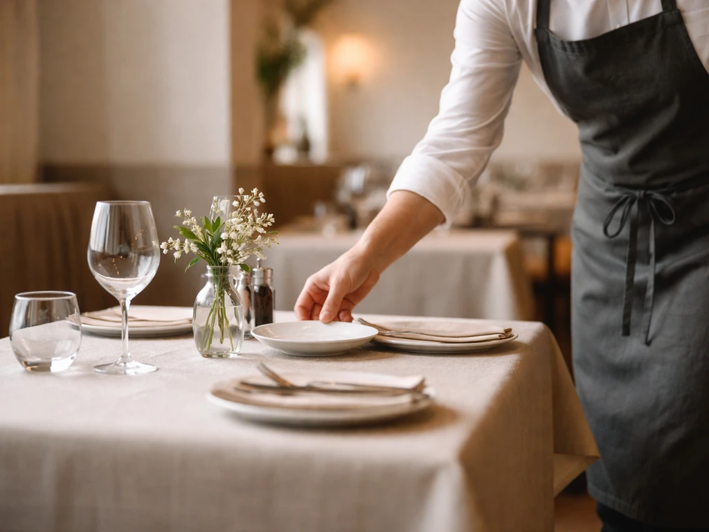 Minimal photo of a quiet restaurant table with a waiting staff member, conveying attentive service and value