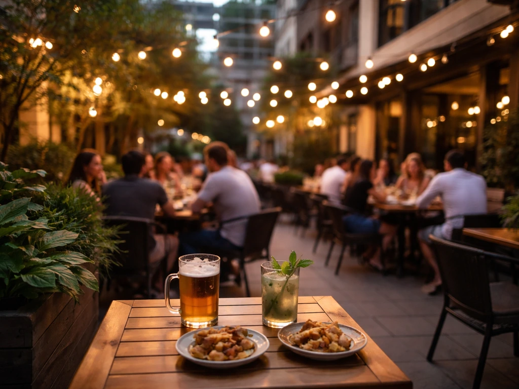Lively outdoor patio with warm lights, tables, and greenery in an urban evening setting