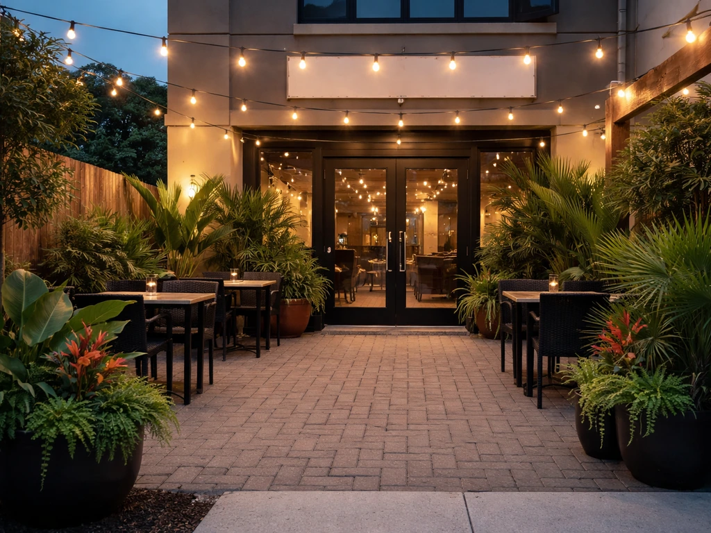 Street-level view of a cozy outdoor patio outside a lounge in Newark, NJ with warm string lights.
