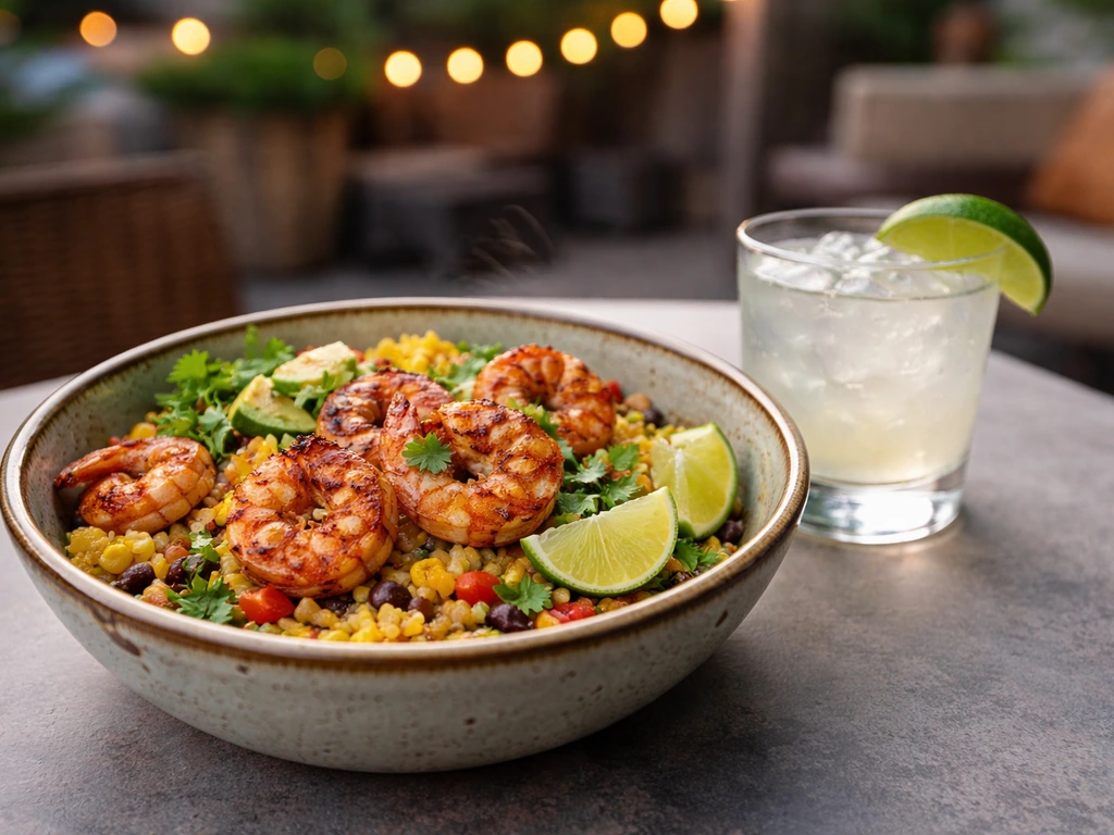 Close-up of a Latin-Caribbean fusion patio bowl and a cocktail on a casual outdoor table