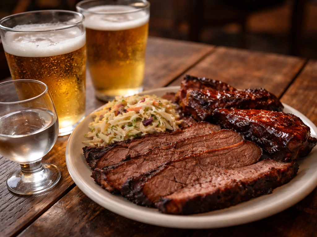 Close-up of BBQ brisket and ribs with beer and wine glasses on a rustic wooden table.