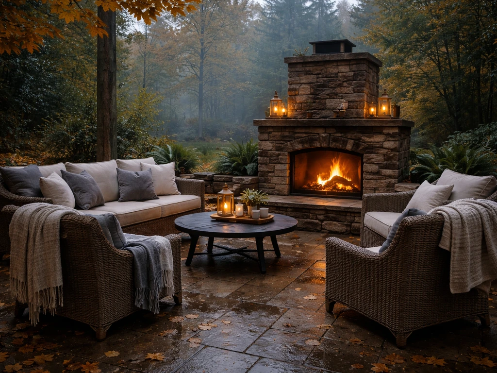 Cozy wide patio view with a central stone fireplace and relaxed outdoor seating in autumn evening light.