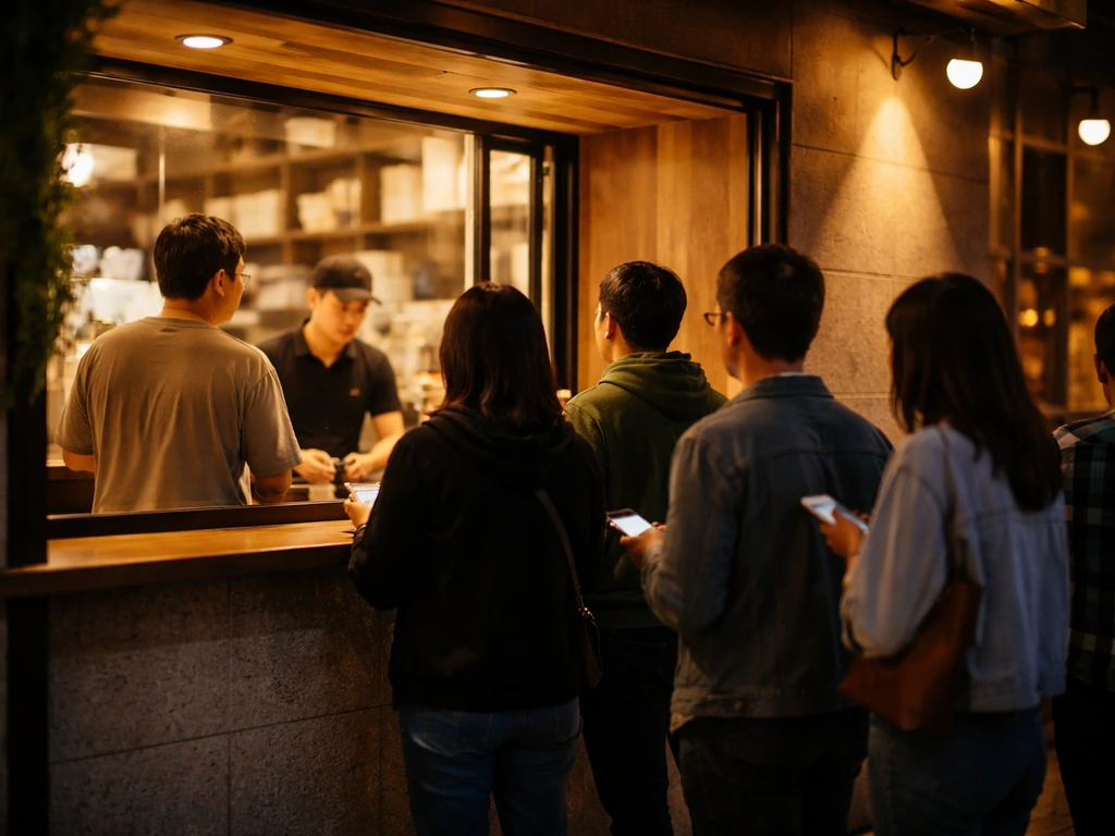 Customers wait in a short line at a restaurant ordering window during a busy evening.