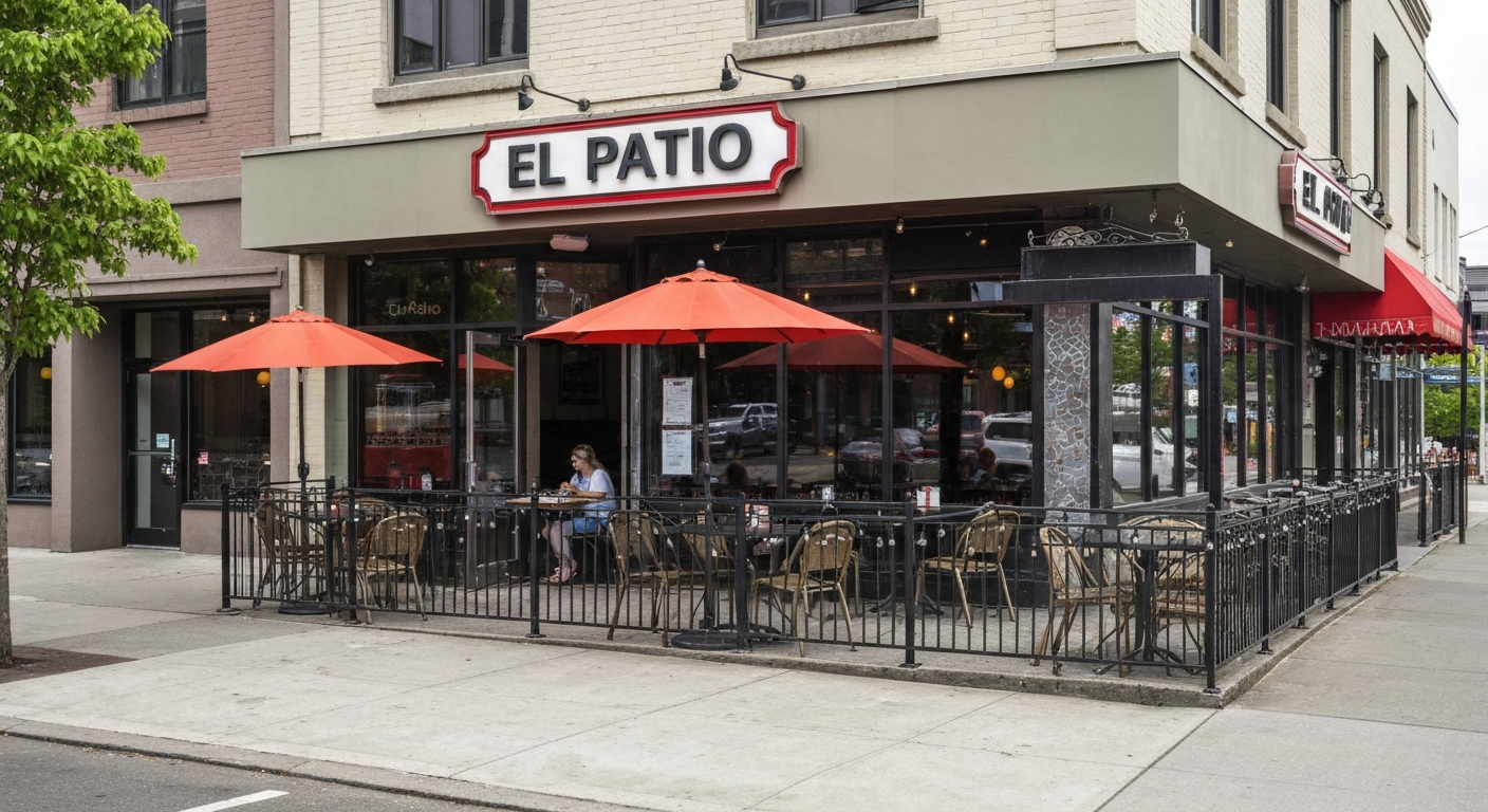 Exterior view of El Patio Seattle on Aurora Ave N with outdoor patio seating and casual streetscape