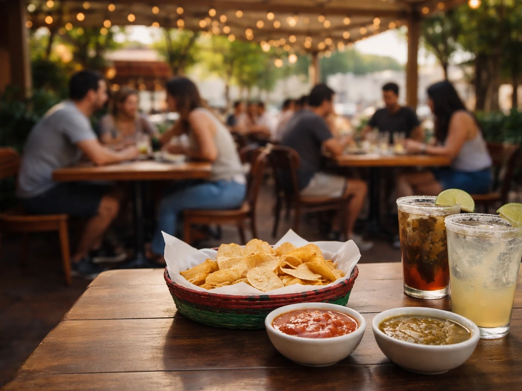 Outdoor patio dining at a busy lunchtime, with chips and salsa on a table and diners in the background.