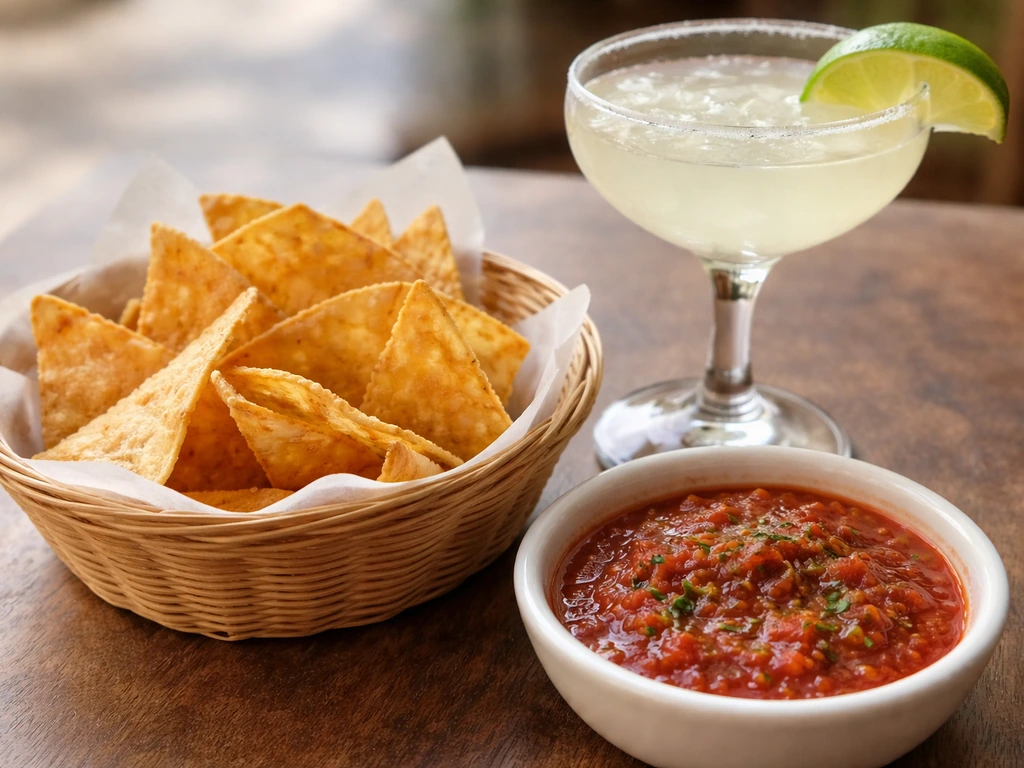 Close-up of crispy chips, chunky red salsa, and a lime margarita in a coupe glass.