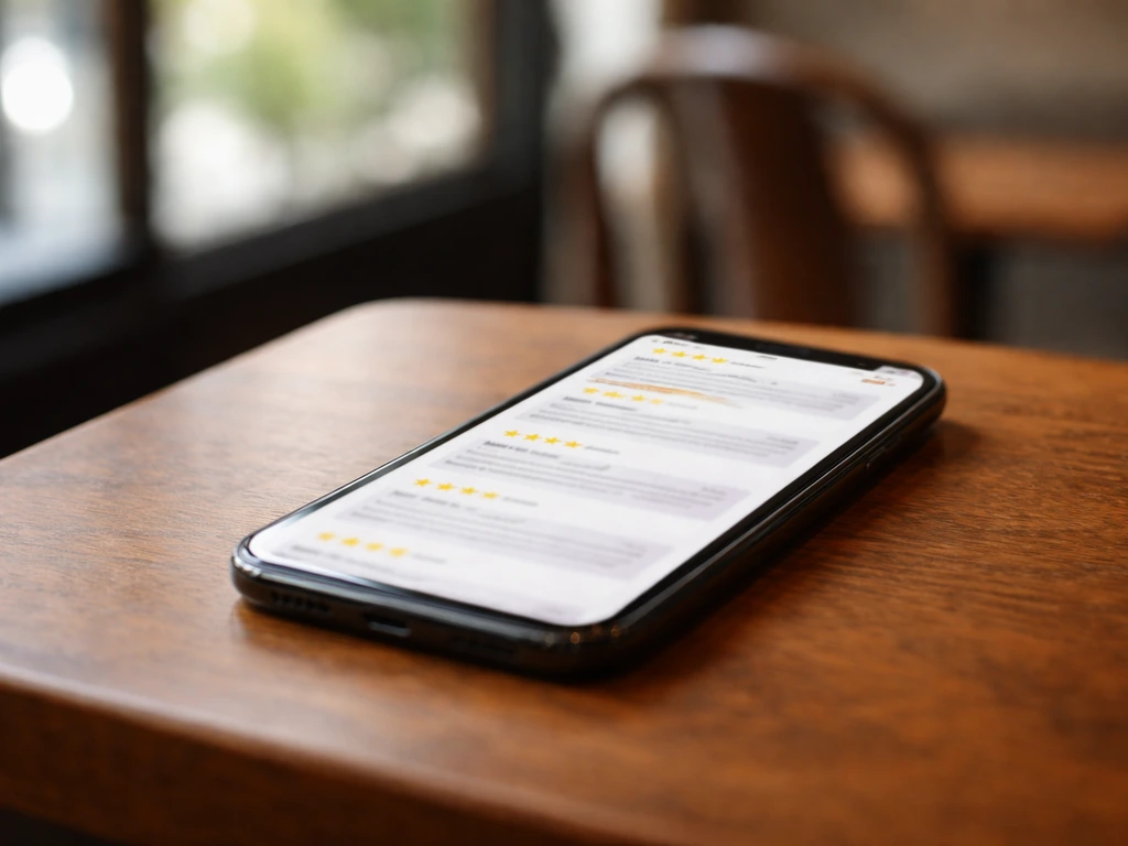 Close-up of a smartphone showing multiple review-style cards with star icons, blurred text, simple desk scene.