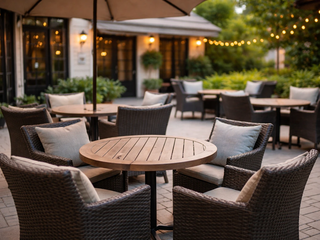 Outdoor patio seating with spaced tables and chairs, softly lit greenery, and a shaded umbrella.