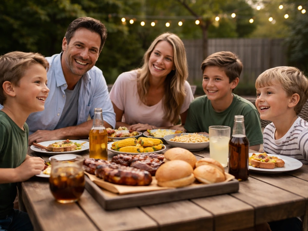 Family dining outdoors on a BBQ patio at early evening, relaxed and comfortable.