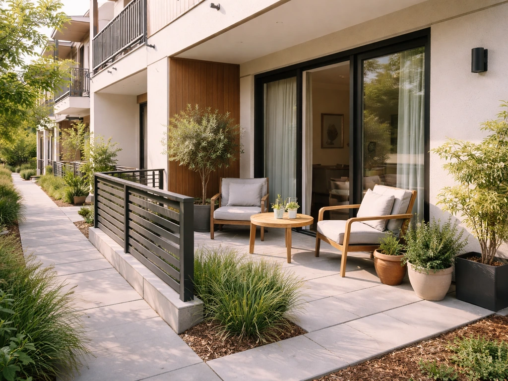Modern patio apartment exterior with private patio doors and small fenced patios in soft daylight