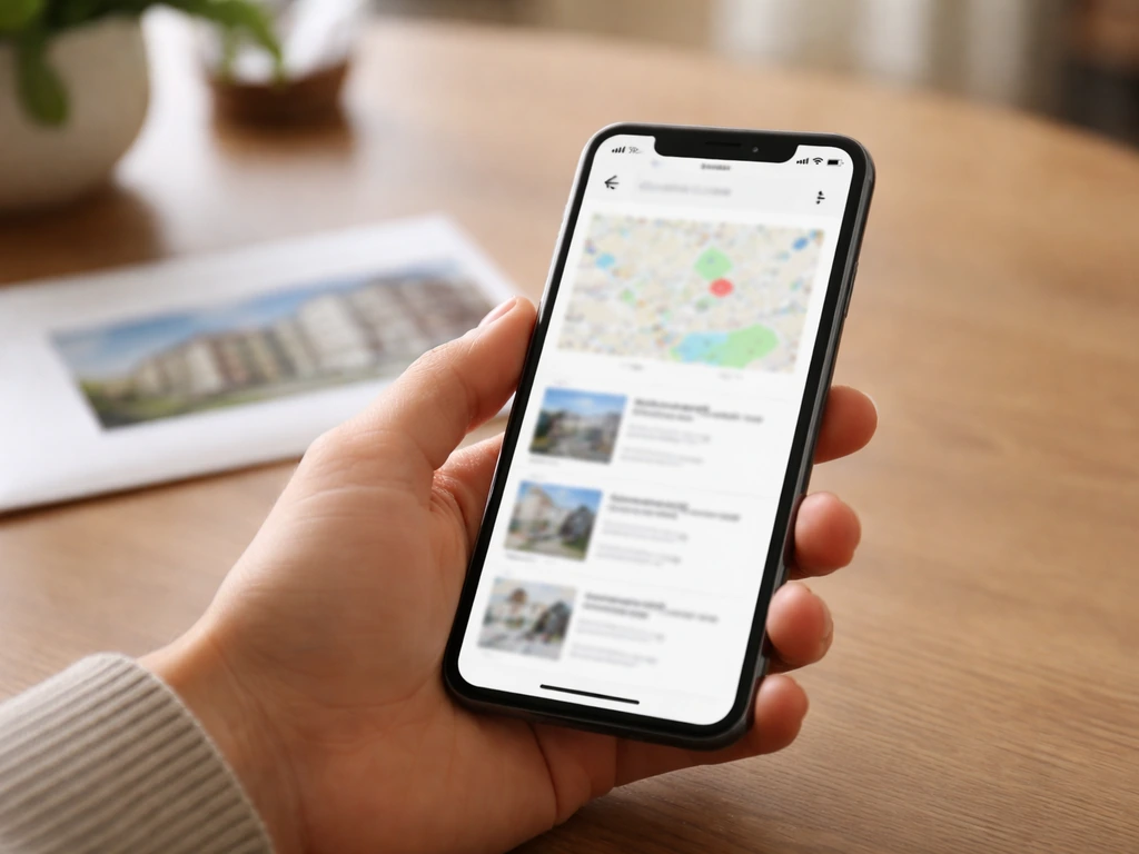 Hand holding a smartphone over a table, showing a blurred apartment listing/map for verifying the right property.