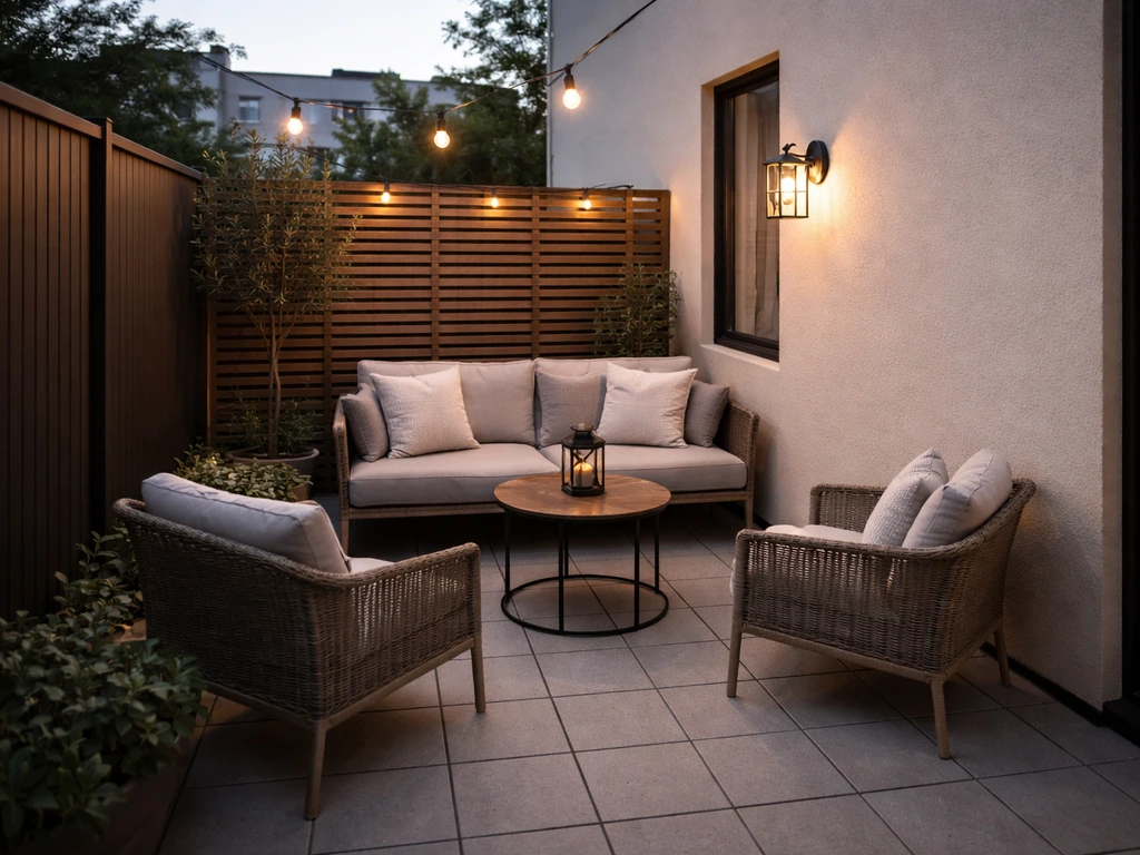 Minimal apartment patio with privacy screening and well-kept seating area, no people.