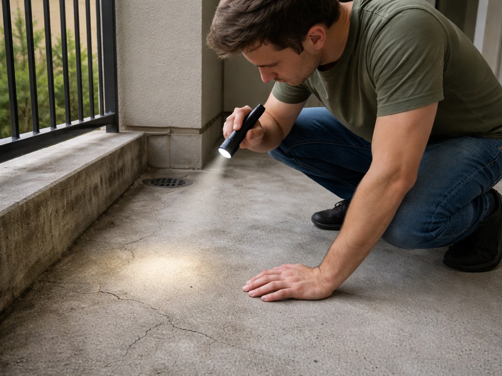 Tenant kneeling on a real unit patio, using a flashlight to check cracks, stains, and drainage direction.