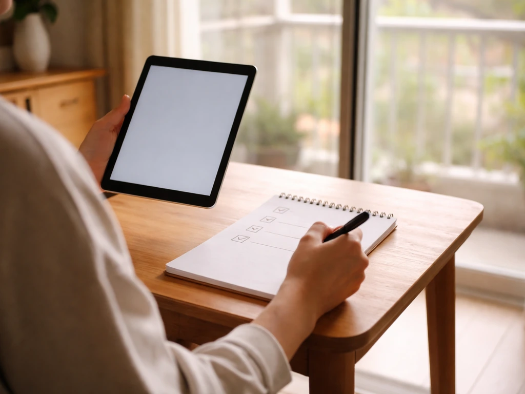 Person reviewing a simple list on a tablet in a quiet living room with a patio door view