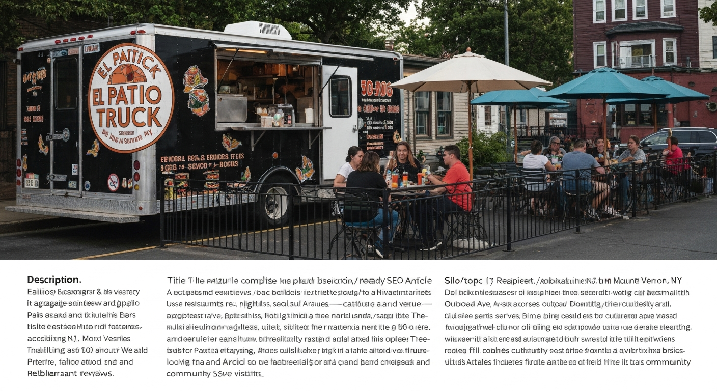 El Patio Truck parked at 159 Gramatan Ave, Mount Vernon, with outdoor patio seating and customers enjoying empanada tacos.