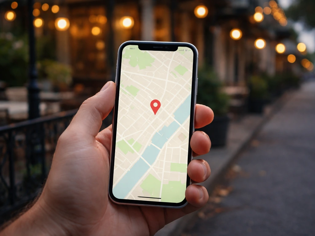 Smartphone showing a map pin for a patio listing in a quiet outdoor New Orleans street.