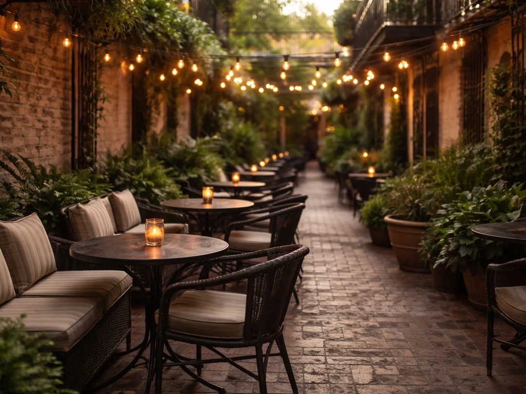 Warm-lit New Orleans-style patio with inviting outdoor seating and string lights, empty tables, no text.