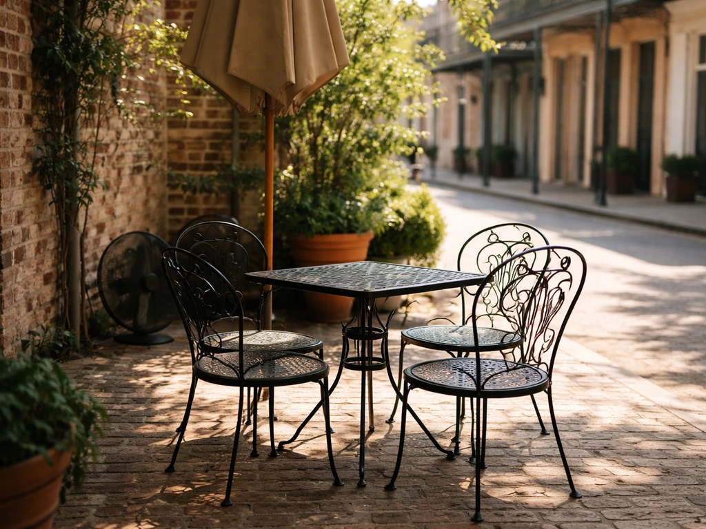 Empty New Orleans-style patio at midday with warm sun and subtle street atmosphere