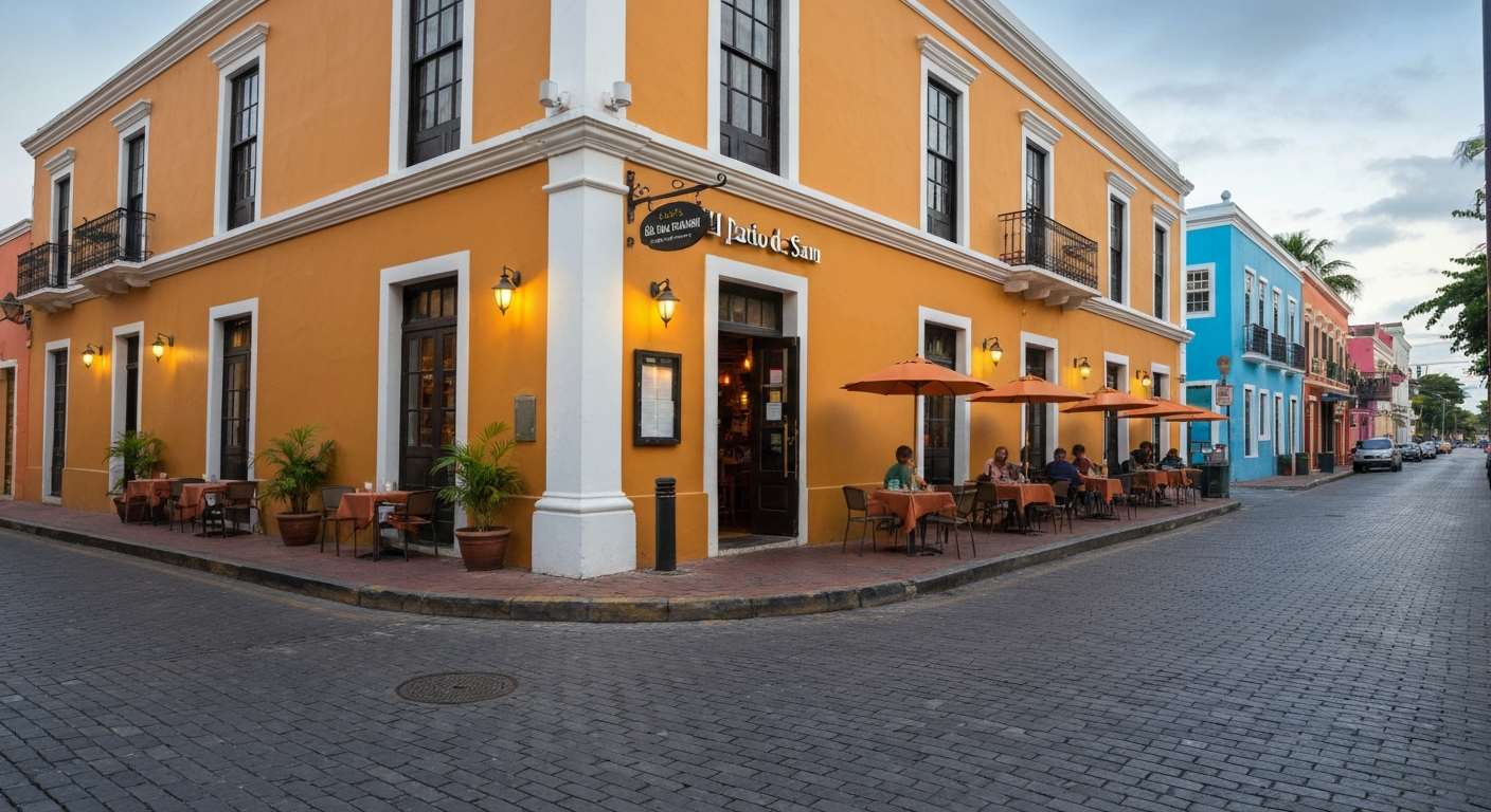 Street-level view of El Patio de Sam's colorful colonial facade and outdoor seating on Calle de San Sebastián, Old San Juan