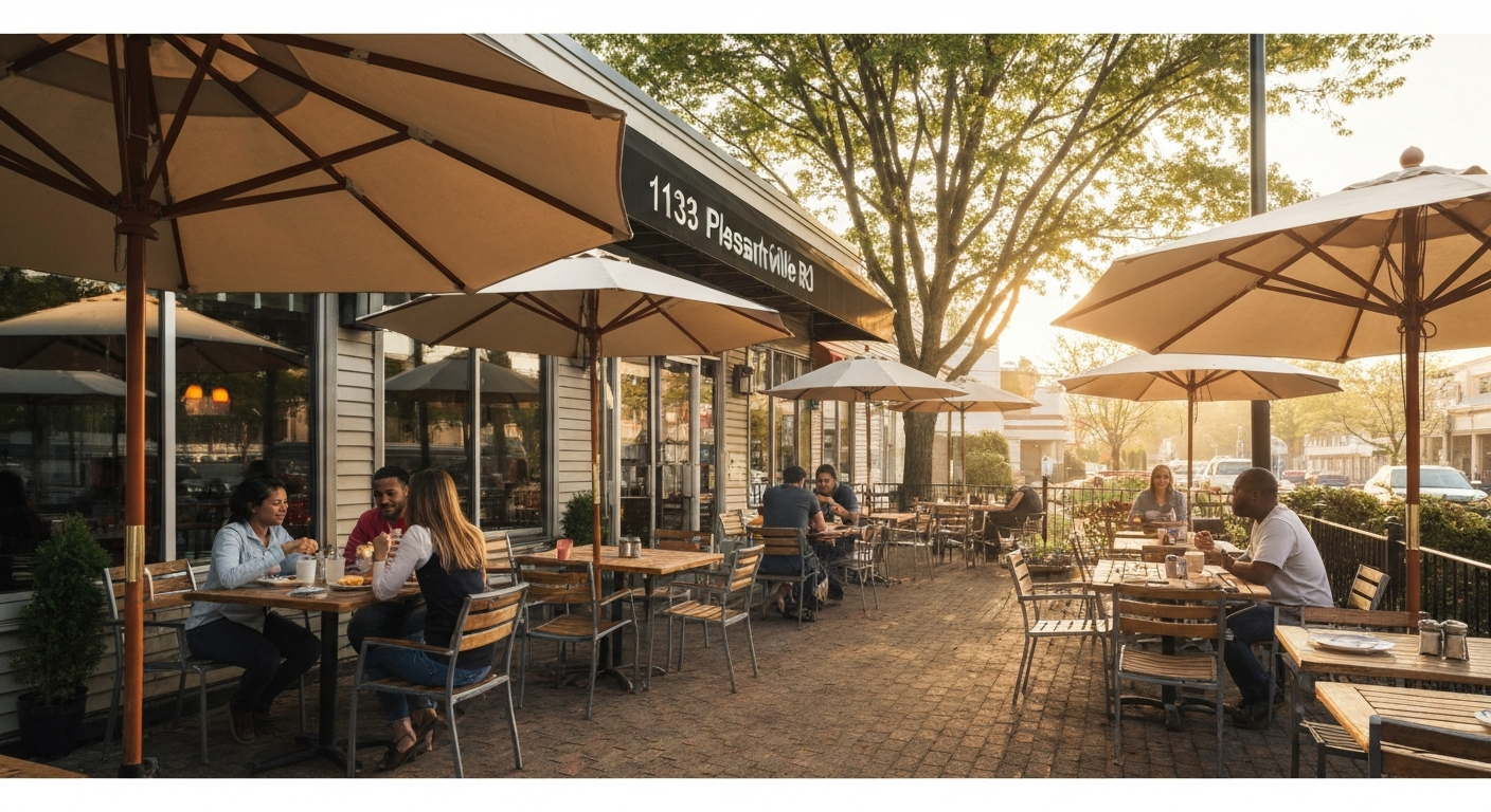 Wide-angle morning view of a cozy neighborhood patio with umbrellas, tables, and patrons, showing the relaxed brunch atmosphere.