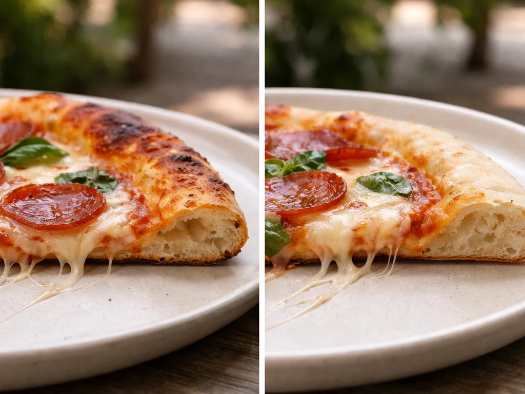 Side-by-side closeups of crisp and underbaked pizza crusts with cheese stretch and toppings.