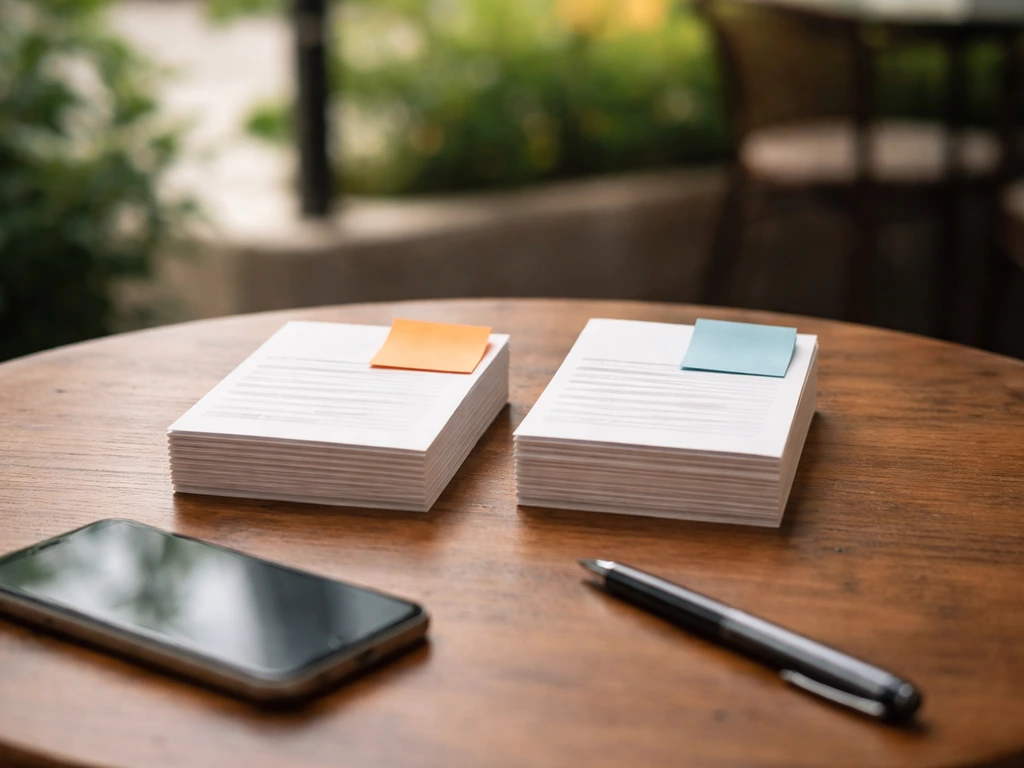 Close-up of two restaurant-style review cards on a table, showing conflicting experiences in a minimal setting.