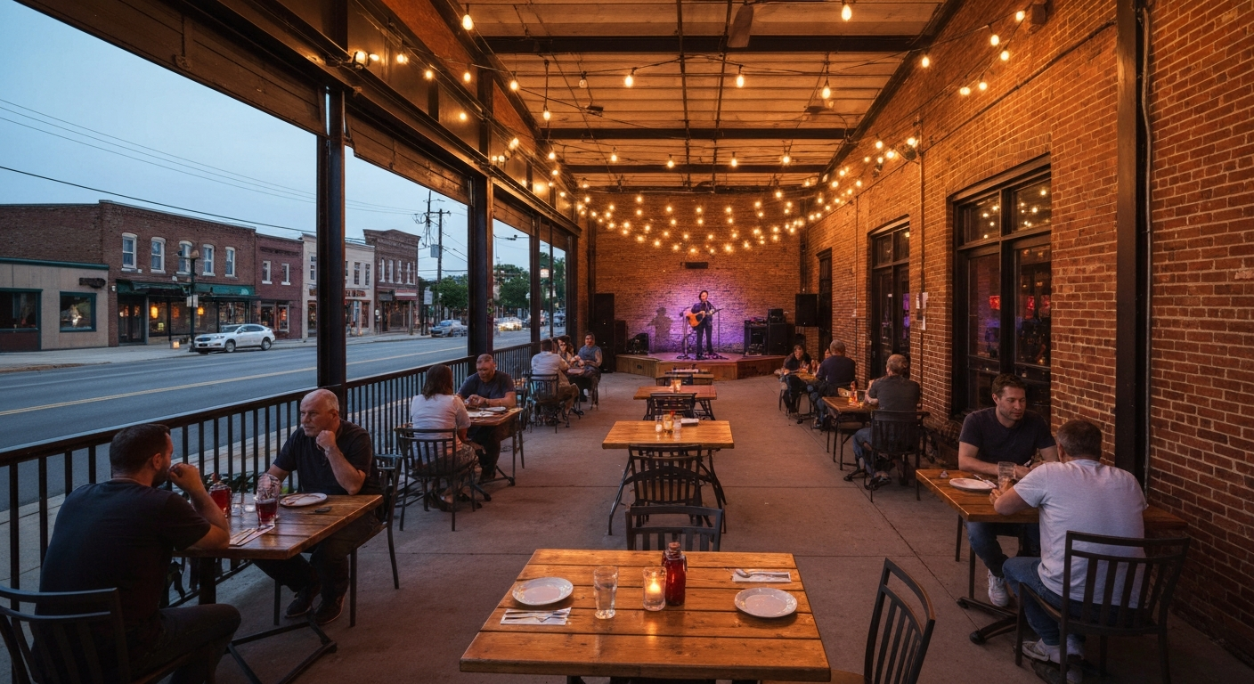 Evening view of Quinto Patio's outdoor patio at the historic Vasek Garage: string lights, wooden tables, and a musician on a small stage; warm, cozy atmosphere.