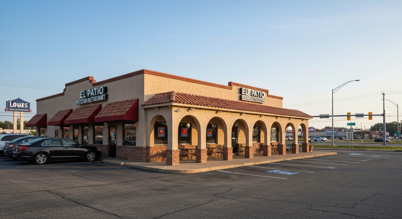 Exterior view of El Patio Mexican Restaurant in a commercial strip with covered arched patio and parking lot.