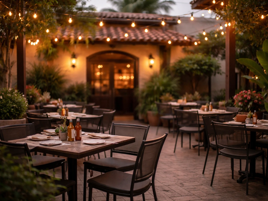 Warm outdoor patio dining area of a Mexican grill in Hollister with string lights and tables set