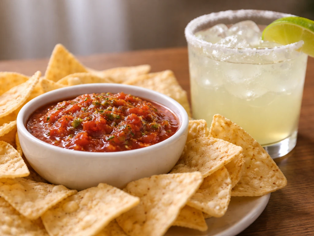 Close-up of tortilla chips with salsa and a glass margarita on a simple table