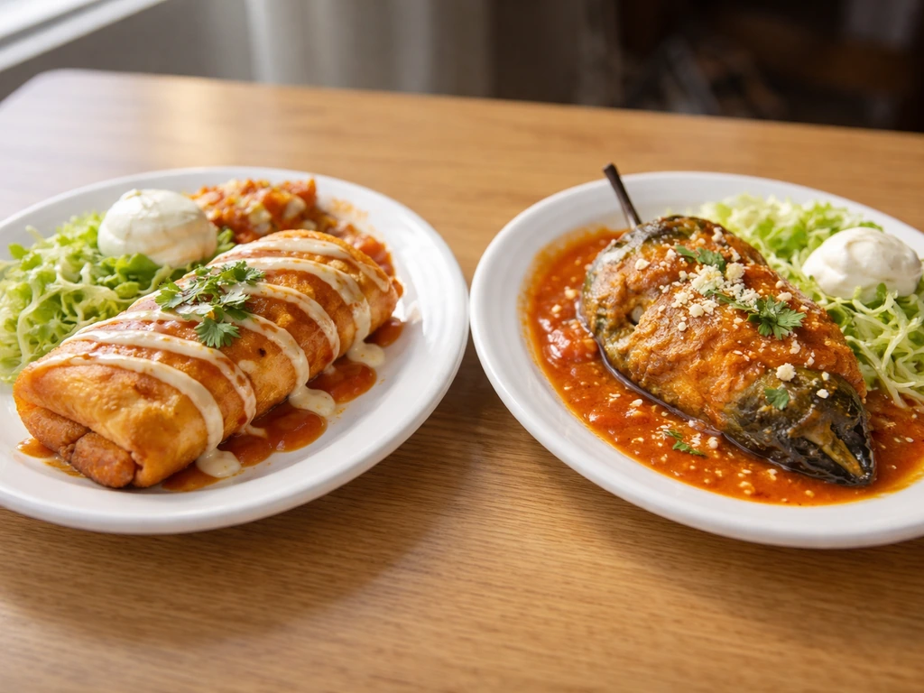 Two plated Mexican dishes—chimichanga and chile relleno—on a restaurant table under natural light.